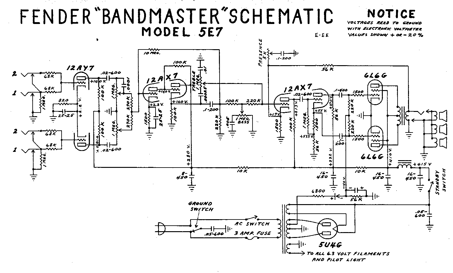 Fender Bandmaster 5E7 — схема гитарного усилителя